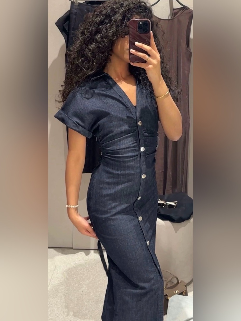 ZARA Dark Blue Denim Midi Shirt Dress - Picture 10 of 15